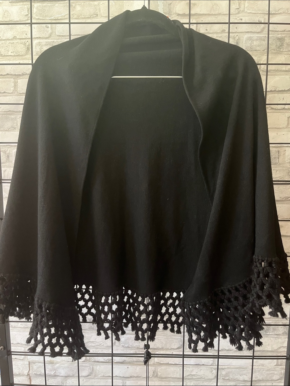 Vintage Saks Fifth Avenue Black Open-Front Shawl  Crochet Fringe wool 54 Inch